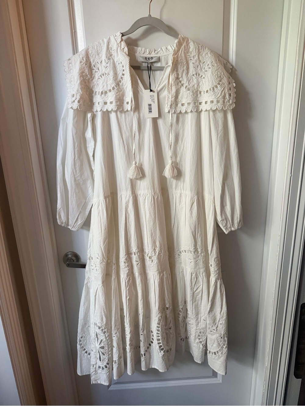 NWT Sea New York White Eyelet Tiered Maxi Dress with Tassel Tie